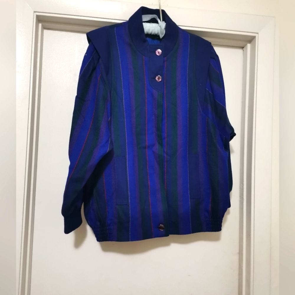 Vintage Avoca Collection Blue Purple Striped 100% Pure New Wool Jacket